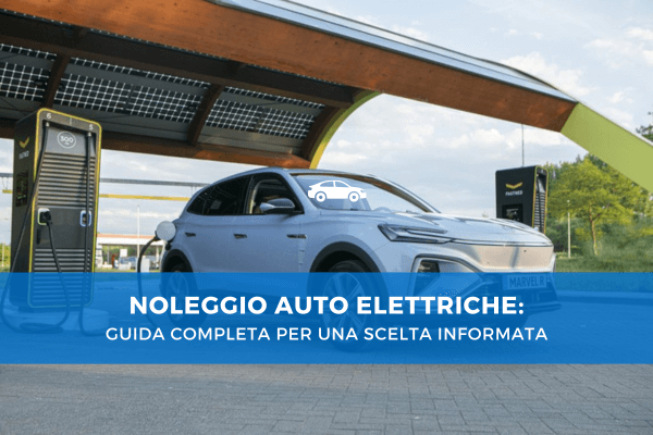 Auto elettrica bianca in carica presso una stazione con pannelli solari, utilizzata per promuovere il noleggio sostenibile e intelligente di veicoli elettrici.