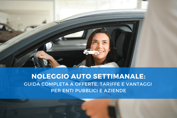 Donna sorridente seduta al posto di guida di un’auto mentre riceve le chiavi da un addetto al noleggio in concessionaria.