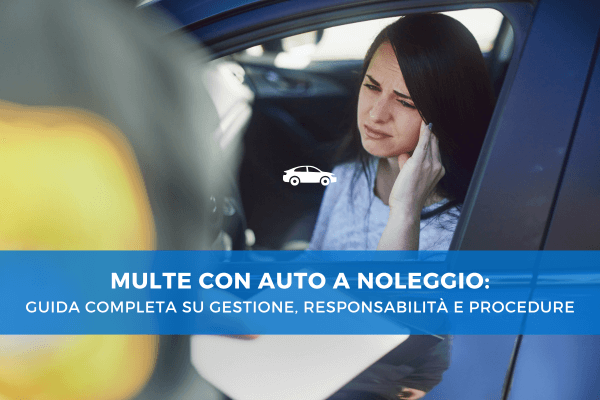 Donna al volante di un’auto a noleggio mentre riceve una multa da un agente, visibilmente preoccupata per la situazione.